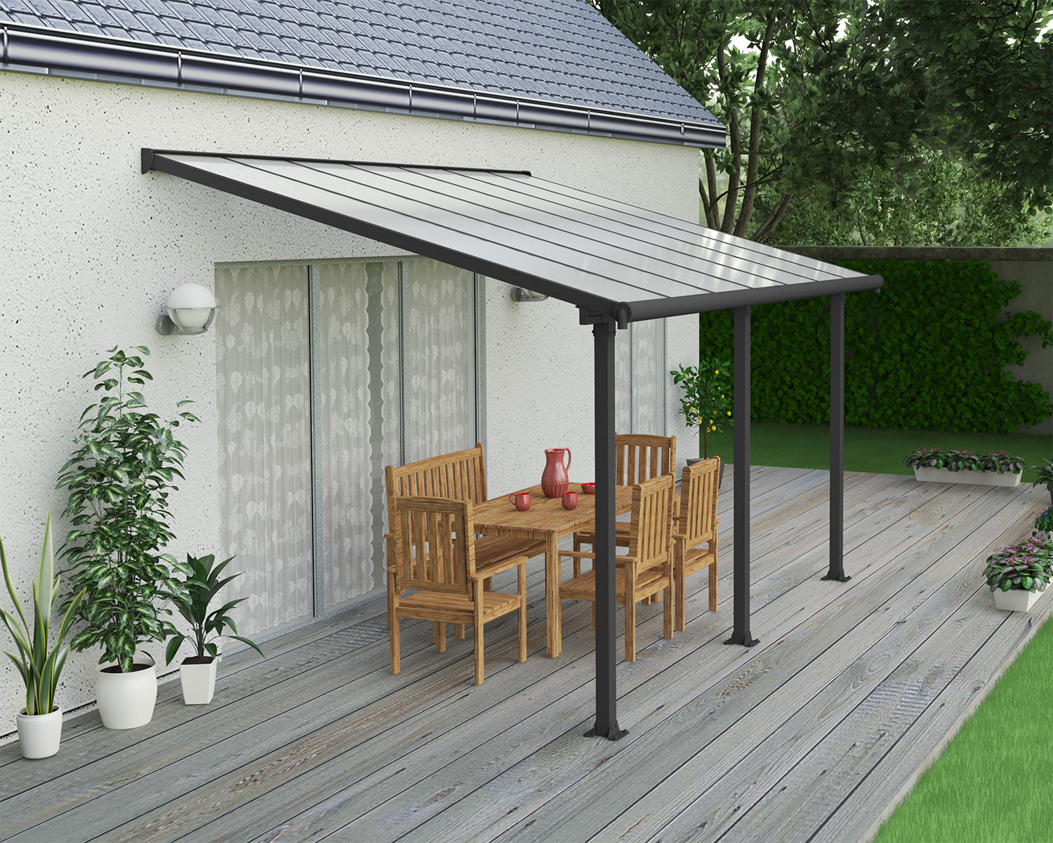 Grey Olympia patio cover, 3m x 4.3m, featuring a durable aluminum frame and clear polycarbonate roof panels, offering reliable outdoor protection