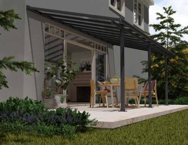 Grey Olympia patio cover, 3m x 6.2m, with an aluminum frame and clear polycarbonate panels, offering outdoor shade and protection