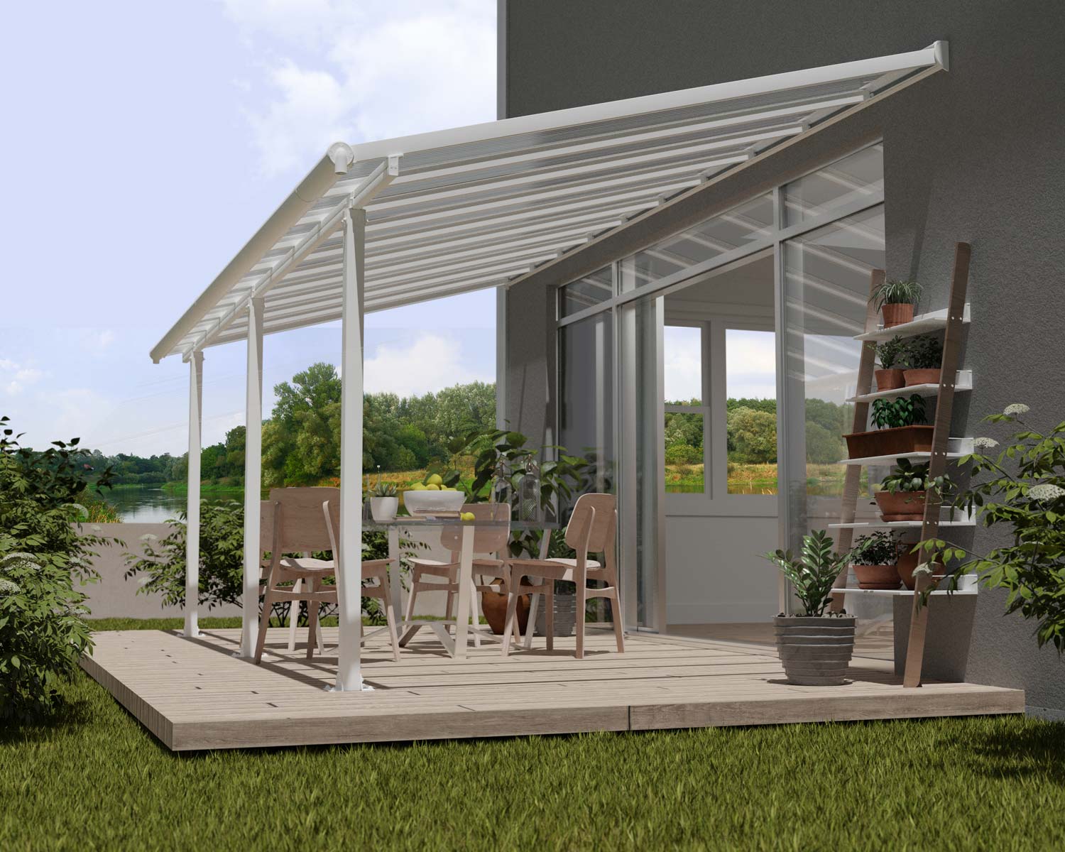 White 3m x 6.2m Olympia patio cover with an aluminum frame and clear polycarbonate panels, providing weather protection and shade