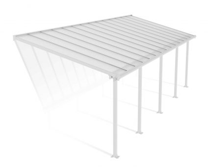 Feria 10 ft. x 28 ft. White Aluminium Patio Cover With 5 Posts, Clear Twin-Wall Polycarbonate Roof Panels.