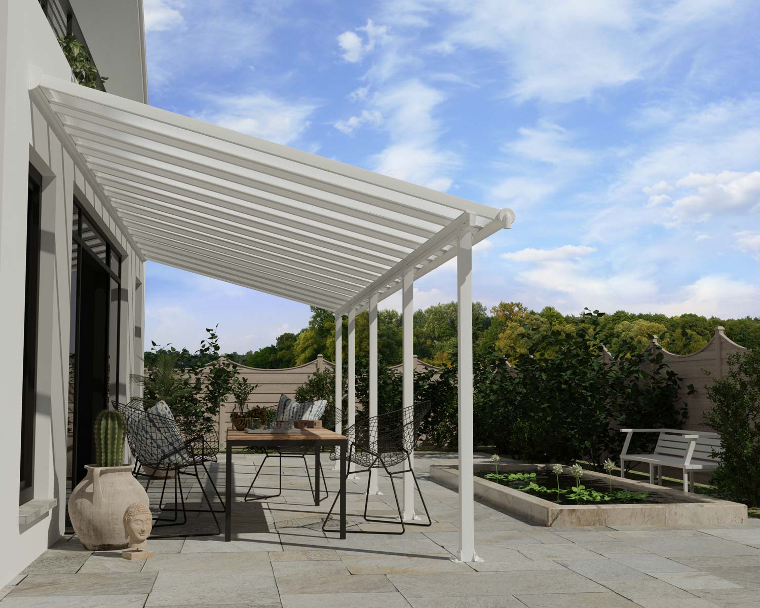 White Olympia patio cover, 3m x 8.6m, with an aluminum frame and clear polycarbonate panels for outdoor shade and weather protection