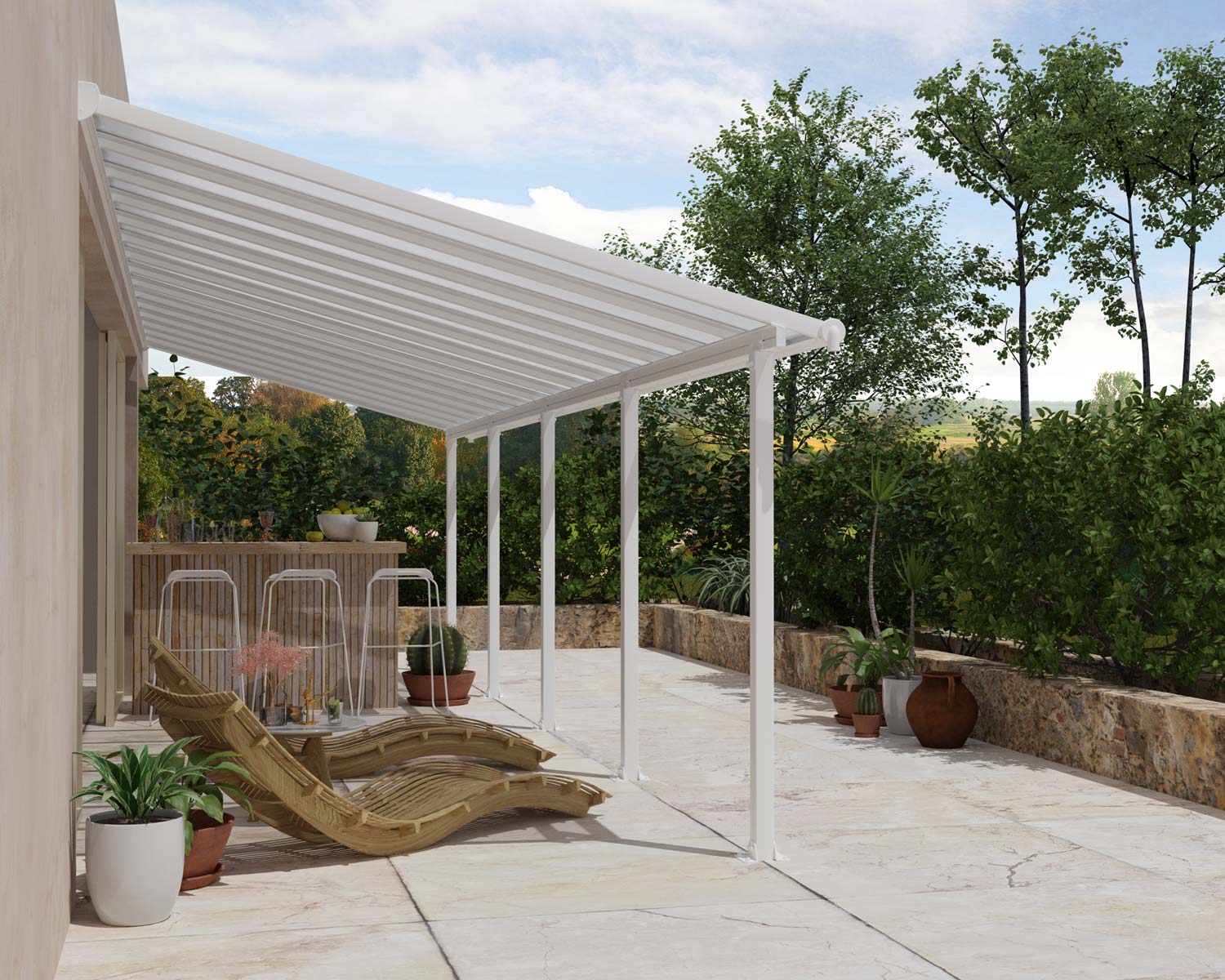 White Olympia patio cover, 3m x 9.2m, with an aluminum frame and clear polycarbonate panels, offering shade and protection for outdoor spaces