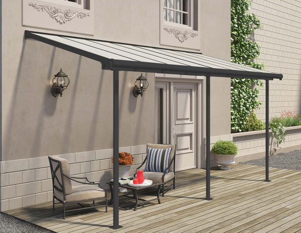 Grey Aluminium Patio Cover With Clear twin-wall polycarbonate roof panels on Deck Patio protect garden furniture