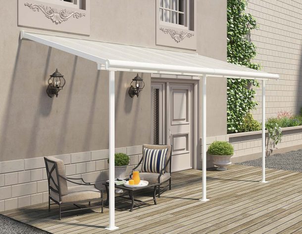 White Aluminium Patio Cover With Clear twin-wall polycarbonate roof panels on Deck Patio protect garden furniture