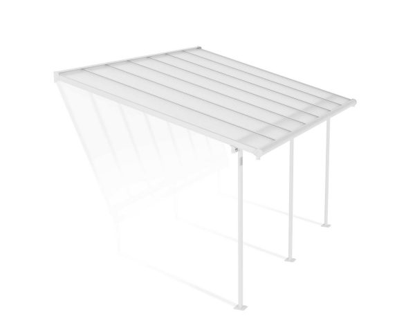 White Sierra patio cover, 3m x 4.3m, with clear polycarbonate panels and a sturdy aluminum frame for outdoor weather protection