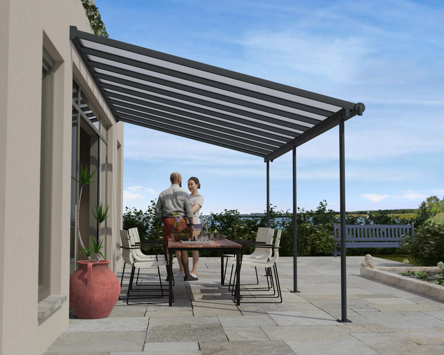 Grey Sierra patio cover, 3m x 5.6m, with an aluminum frame and clear polycarbonate panels for effective shade and protection