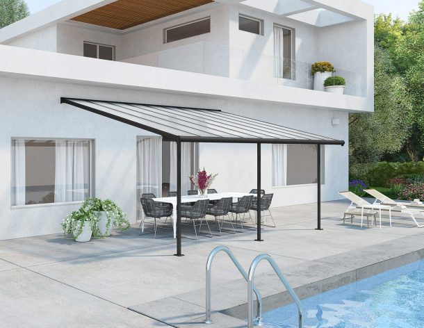 Grey Aluminium Patio Cover With Clear twin-wall polycarbonate roof panels on Beside Pool Patio protect garden furniture