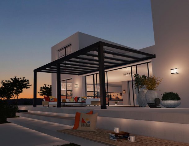 Grey Stockholm patio cover, 3.4m x 6m, featuring an aluminum frame and clear polycarbonate panels for durable outdoor weather protection