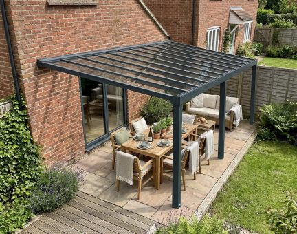 Stockholm Patio Cover 3.4m x 8m - Grey Aluminium Frame & Clear Polycarbonate