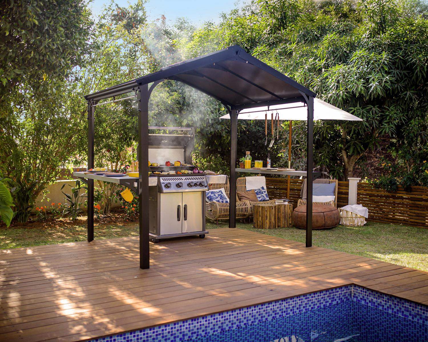 Black Austin 1.8m x 2.4m garden gazebo with a polycarbonate roof and aluminium frame, providing stylish outdoor shelter