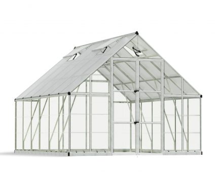 10ft x 12ft silver Balance greenhouse featuring a robust aluminum frame and clear polycarbonate panels