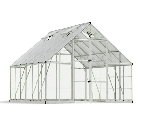 10ft x 12ft silver Balance greenhouse featuring a robust aluminum frame and clear polycarbonate panels