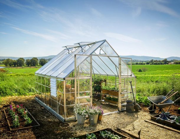 10ft x 12ft silver Balance greenhouse with aluminum frame and clear polycarbonate panels, brimming with plants and surrounded by lush greenery