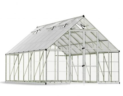 10ft x 16ft silver Balance greenhouse with aluminum frame and clear polycarbonate panels, showcasing its spacious interior