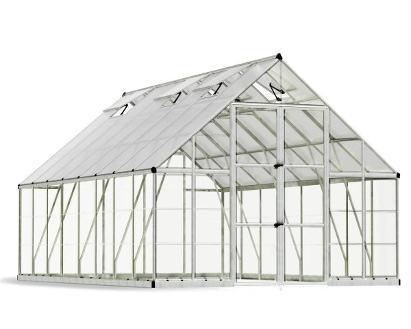10ft x 16ft silver Balance greenhouse with aluminum frame and clear polycarbonate panels, showcasing its spacious interior