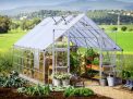 10ft x 16ft silver Balance greenhouse with an aluminum frame and clear polycarbonate panels, set in a garden environment with plants inside