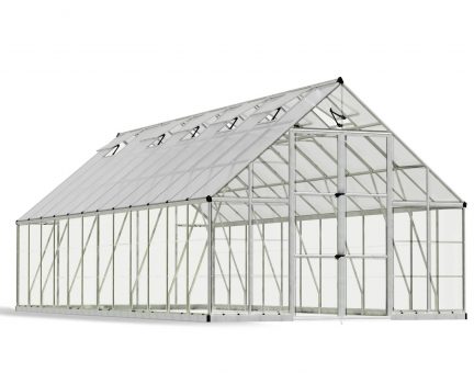 10ft x 24ft silver Balance greenhouse with an aluminum frame and clear polycarbonate panels, showcasing its spacious interior and modern design