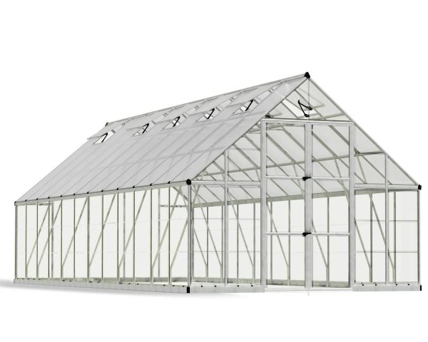 10ft x 24ft silver Balance greenhouse with an aluminum frame and clear polycarbonate panels, showcasing its spacious interior and modern design
