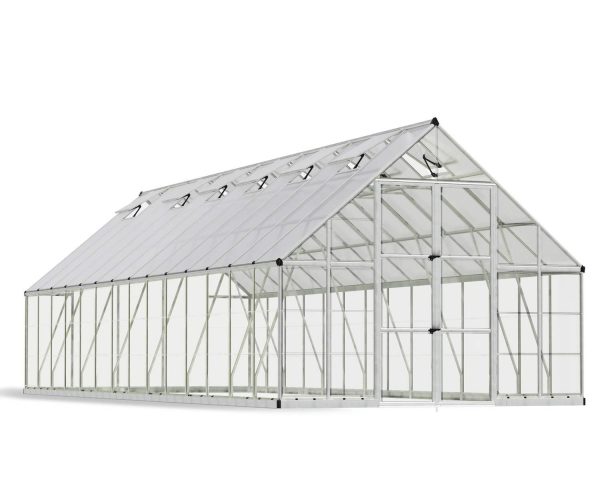 10ft x 28ft silver Balance greenhouse, featuring a robust aluminum frame and transparent polycarbonate panels