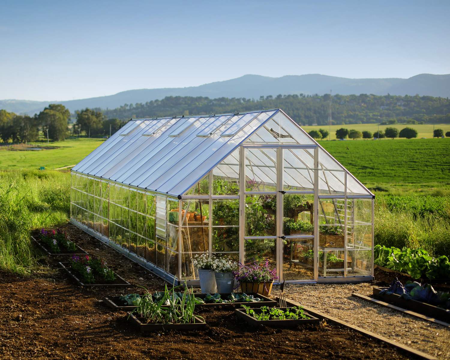10ft x 28ft silver Balance greenhouse with an aluminum frame and clear polycarbonate panels, set in a garden