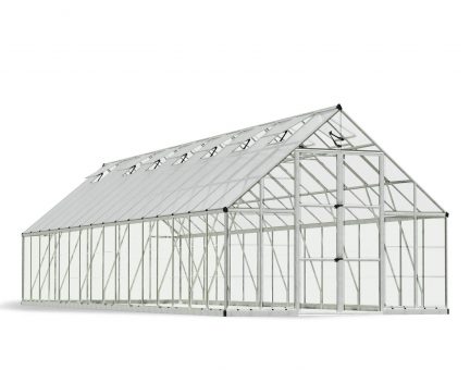 Spacious 10ft x 32ft silver Balance greenhouse featuring a sleek aluminum frame and clear polycarbonate panels