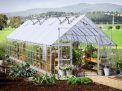 10ft x 32ft silver Balance greenhouse with an aluminum frame and clear polycarbonate panels, offering a spacious gardening space