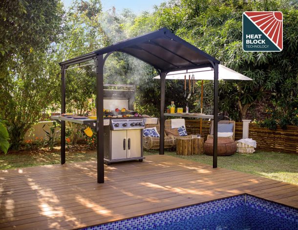 Outdoor grill station under an Austin 1.8m x 2.4m black aluminium garden gazebo with a polycarbonate roof featuring HeatBlock technology