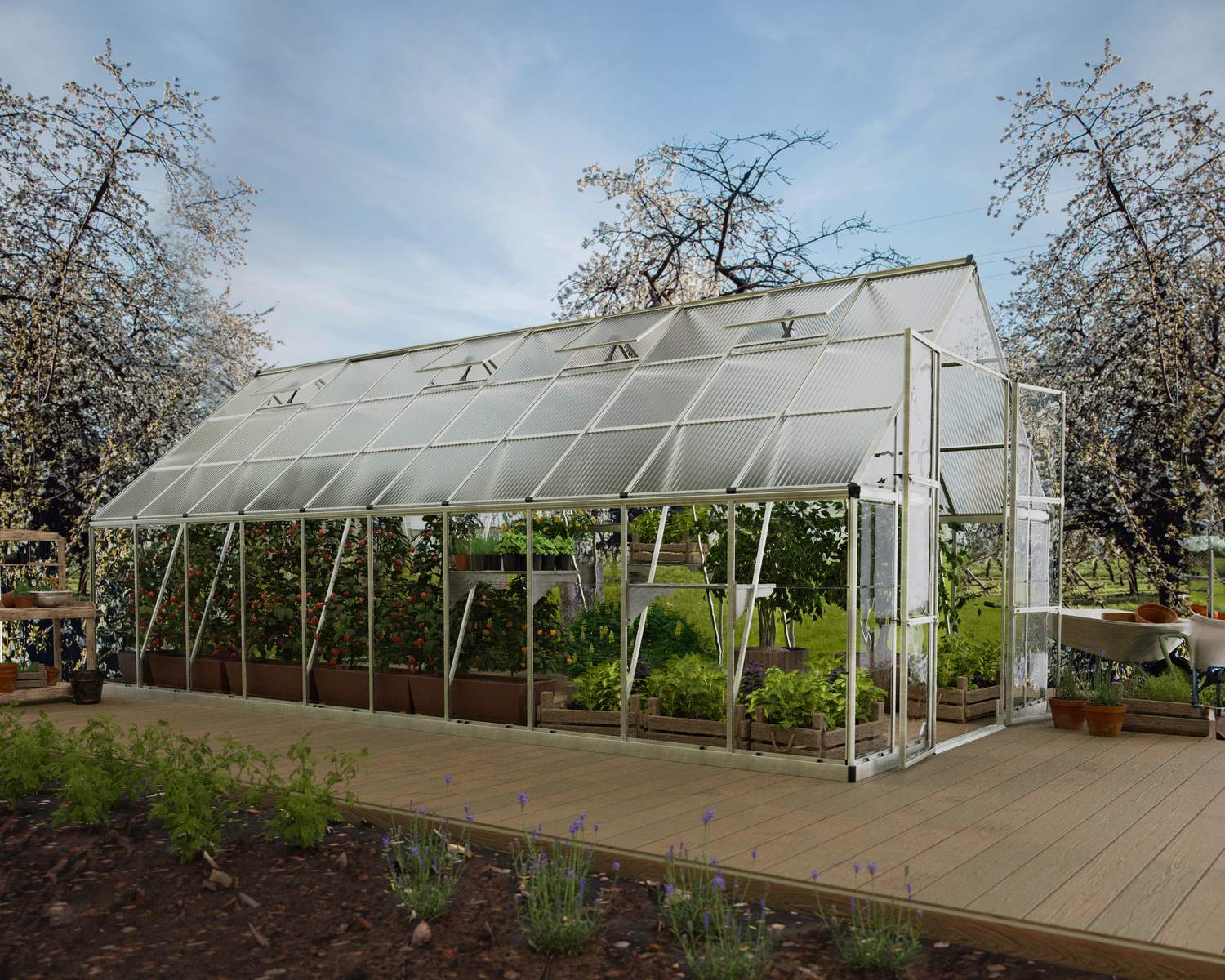 10ft x 20ft silver Balance greenhouse with aluminum frame and clear polycarbonate panels, set in a garden environment with plants inside