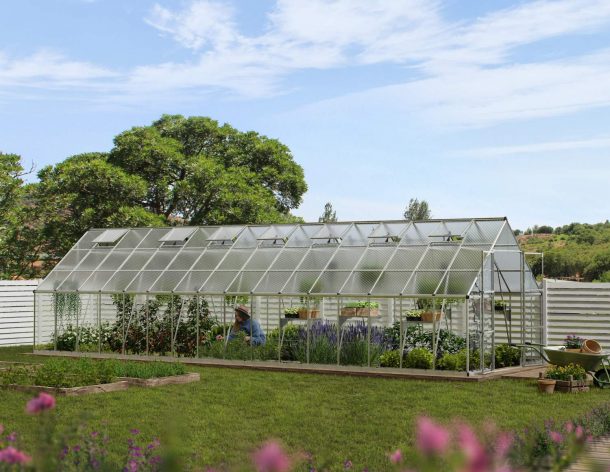 10ft x 32ft silver Balance greenhouse with an aluminum frame and clear polycarbonate panels, offering a spacious gardening space