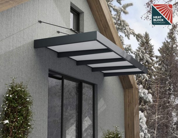 Sophia XL Grey and White door canopy (3.79m x 1.4m) with clear polycarbonate panels for durable entryway protection