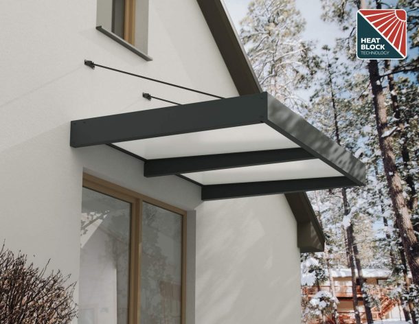 Sophia XL 1.92m x 1.4m door canopy in grey with white panels, offering spacious and durable protection for entryways