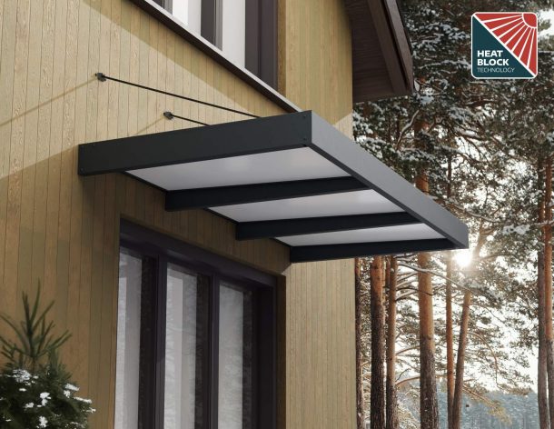 Sophia XL 2.86m x 1.4m grey door canopy with white panels and HeatBlock technology for durable entrance protection