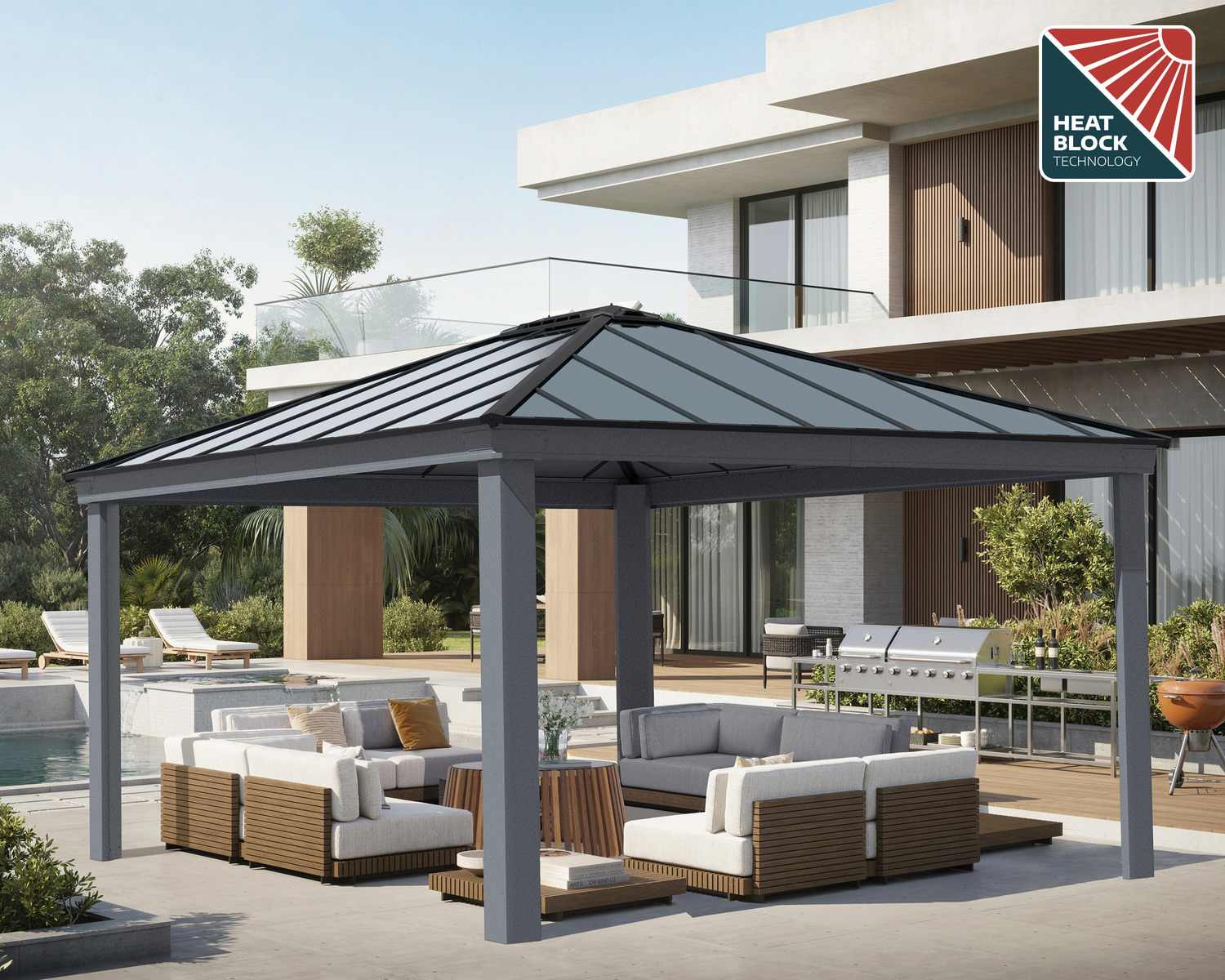 Grey Dallas 4.2m x 4.9m gazebo with twinwall polycarbonate roof, HeatBlock technology, and poolside furniture for a stylish outdoor space
