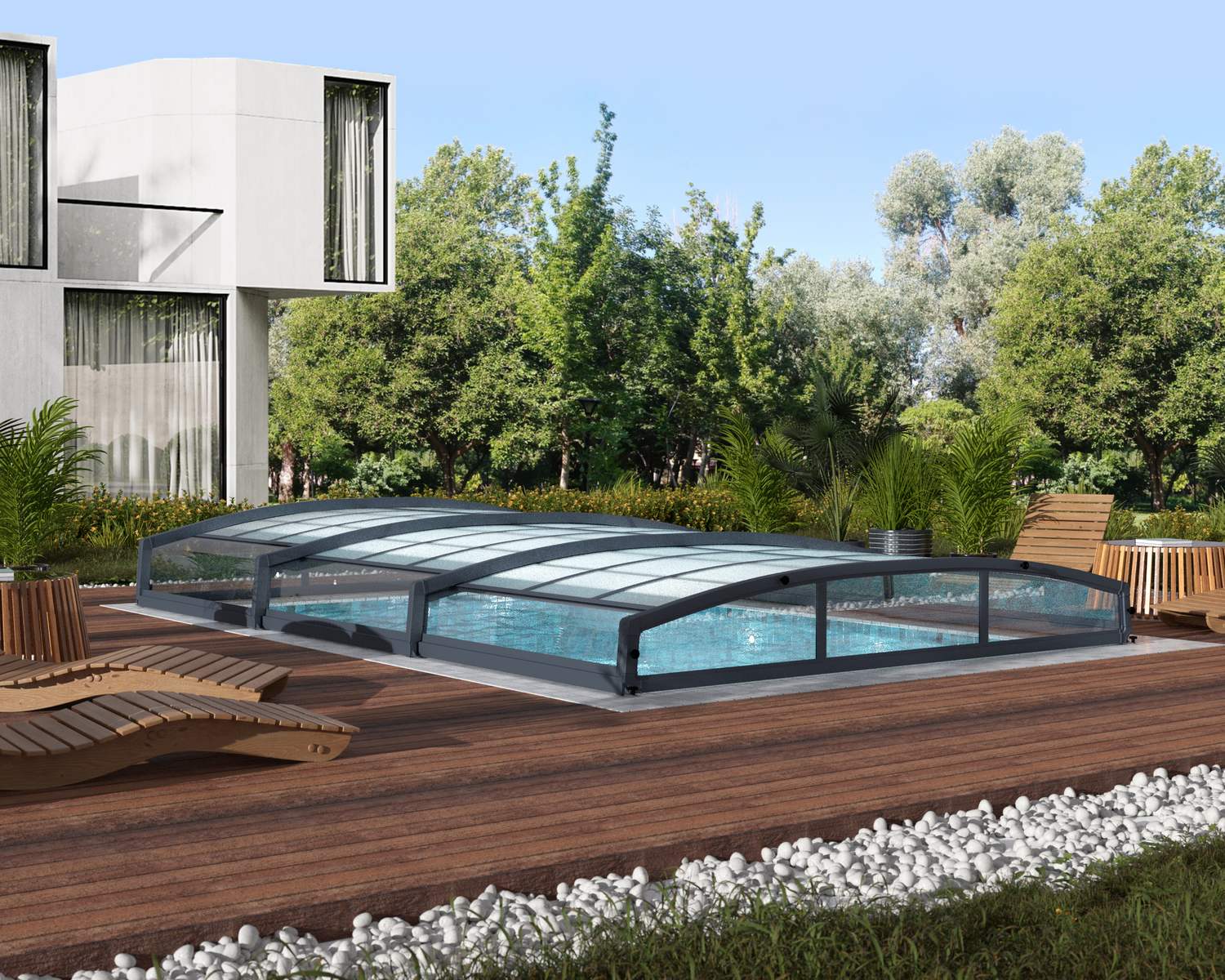 15ft x 22ft grey Majorca pool enclosure with aluminum frame and polycarbonate panels, beside a modern house and surrounded by greenery