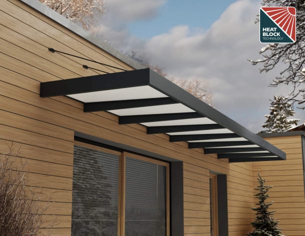 Sophia XL Grey 7.50m x 1.4m door canopy with white polycarbonate panels, offering sleek and reliable protection for large entryways