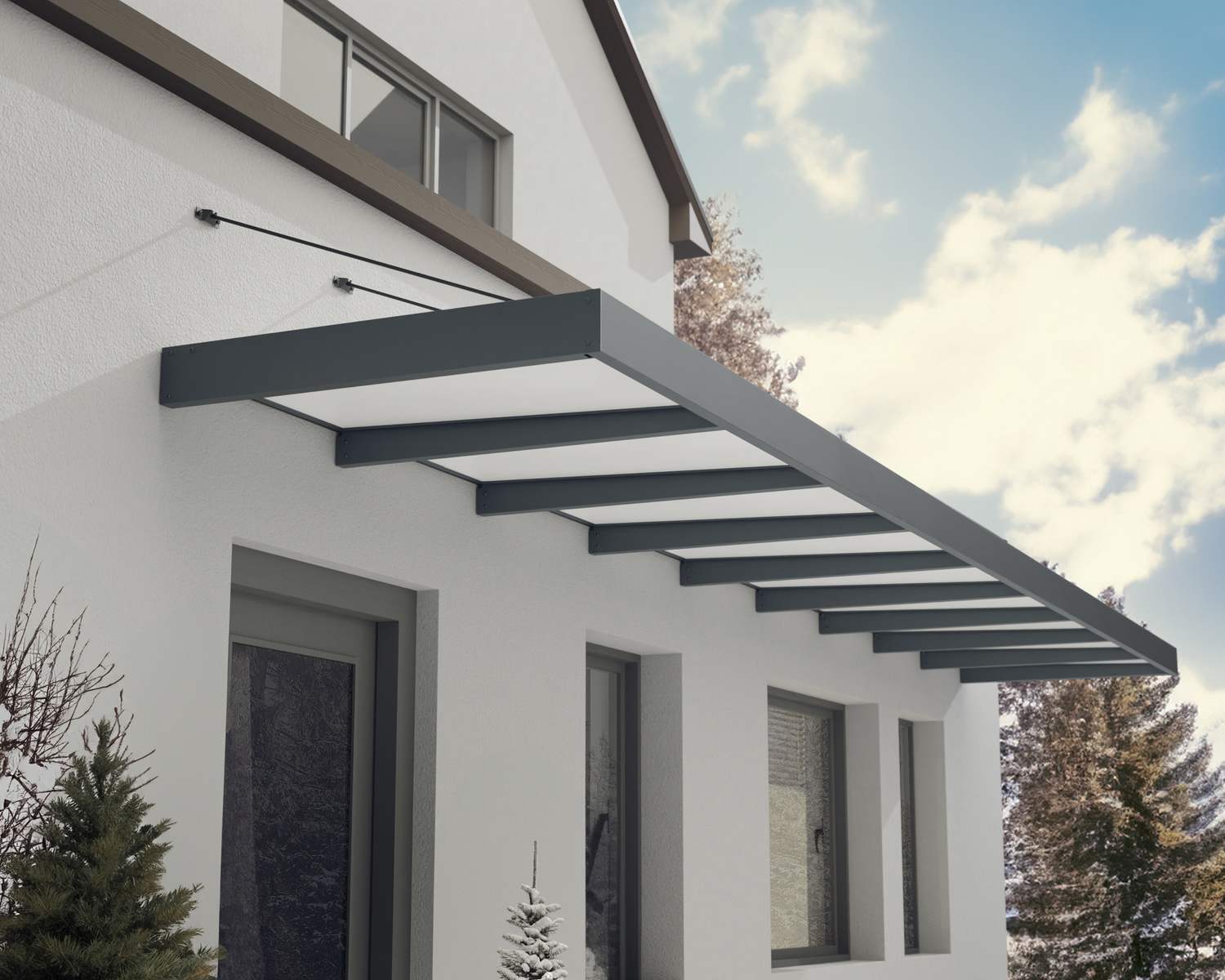 Sophia XL Grey 8.45m x 1.4m door canopy with white polycarbonate panels, designed to offer robust and stylish protection for large entrances