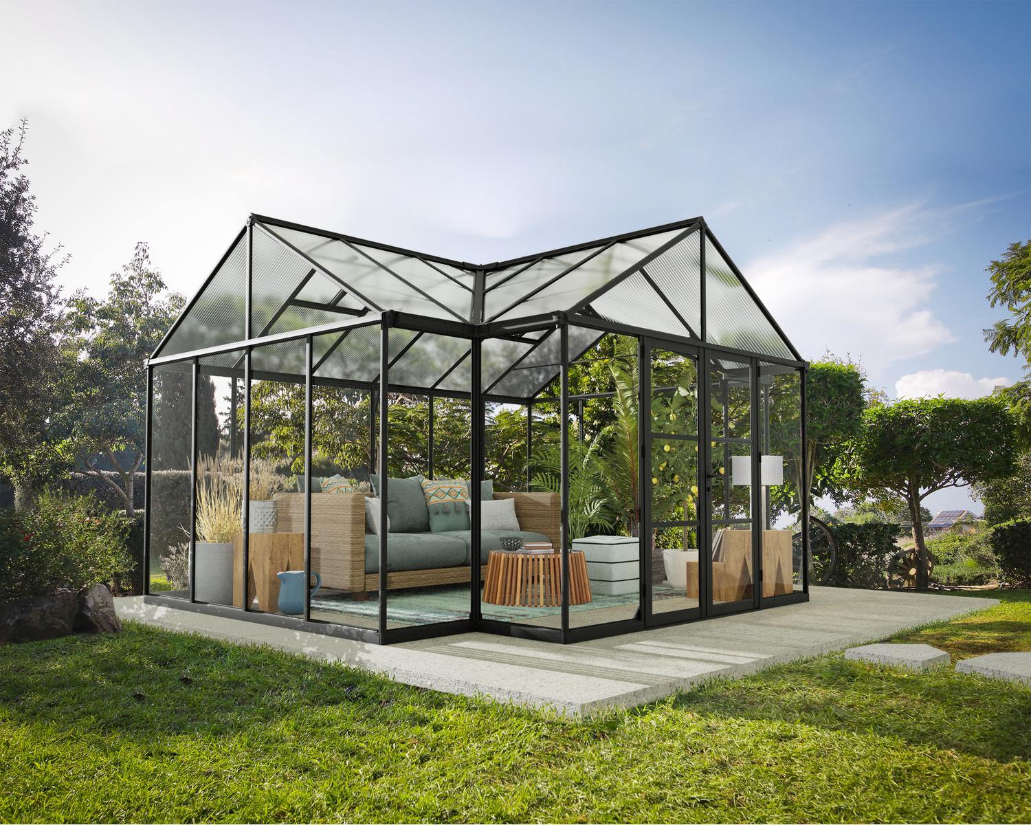 13ft x 15ft black Triomphe garden building with clear polycarbonate panels and an aluminum frame, set in a garden, providing a cozy outdoor living space