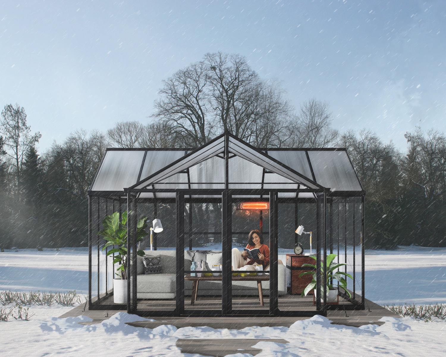 13ft x 15ft black Triomphe garden building with clear polycarbonate panels and an aluminum frame, set in a garden, providing a cozy outdoor living space