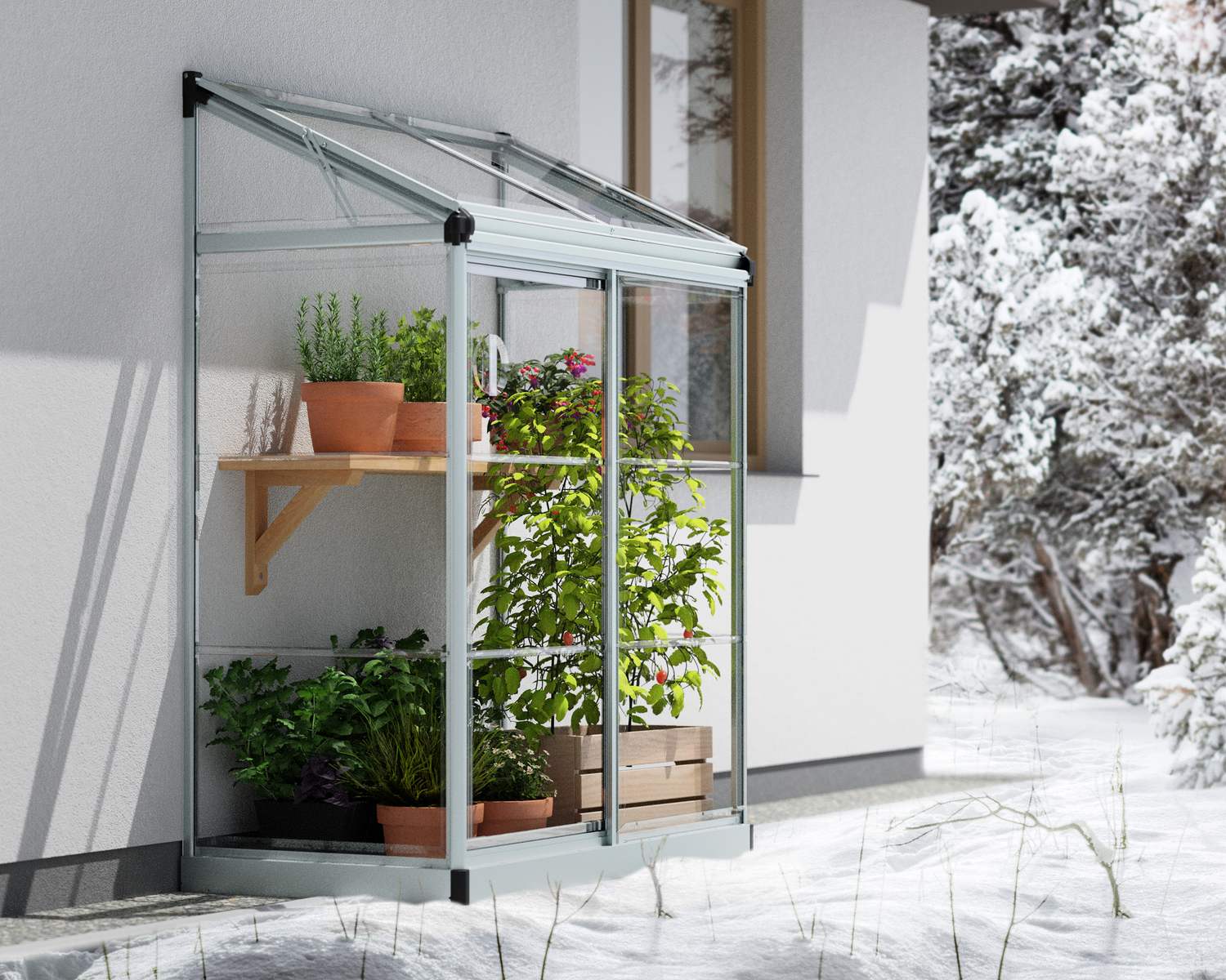 4ft x 2ft silver Lean-To Grow greenhouse with clear polycarbonate panels and an aluminum frame, attached to a wall, filled with plants, surrounded by snow
