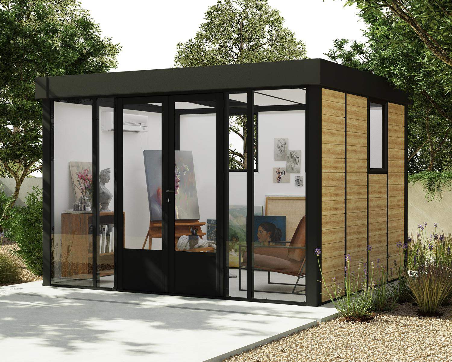 Stylish Copenhagen 3m x 3.5m black Lean to Conservatory with an aluminum frame and clear polycarbonate panels, set in a serene garden at sunset