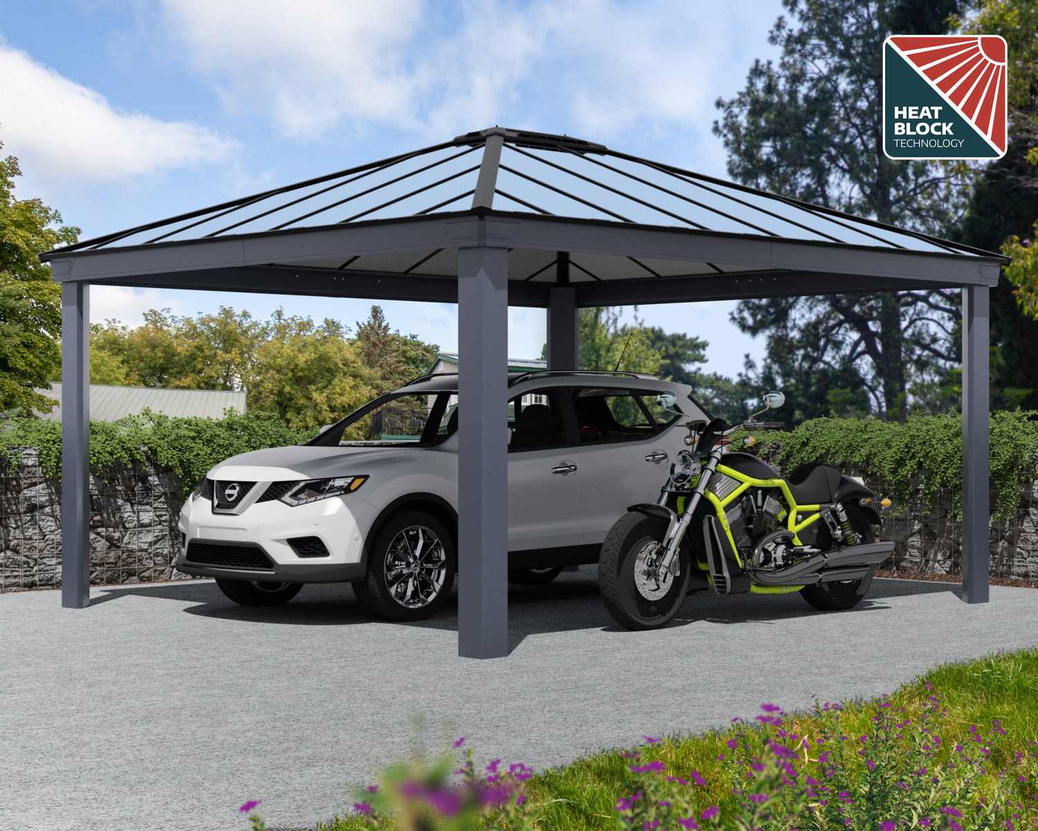 14ft x 16ft Colorado carport with a grey aluminum frame and HeatBlock polycarbonate roof panels, protecting a silver car and a green motorcycle