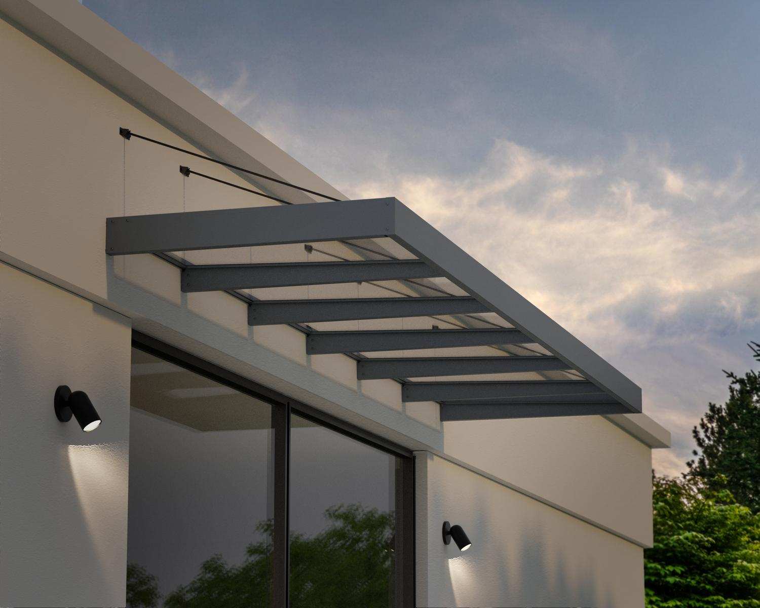 Sophia XL Grey 5.65m x 1.4m door canopy with clear polycarbonate panels, providing durable and stylish entrance protection