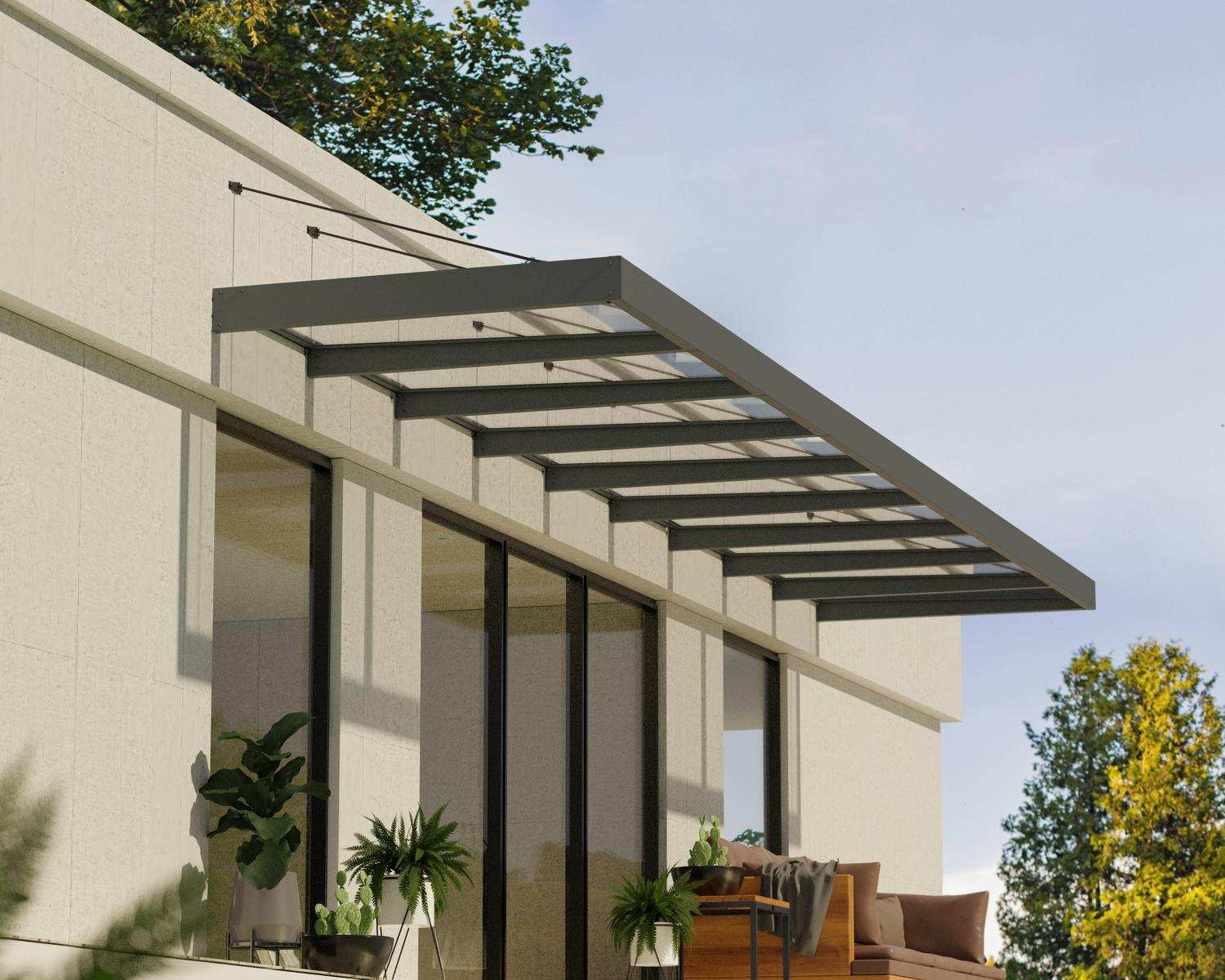 Sophia XL Grey 8.45m x 1.4m door canopy with clear polycarbonate panels, providing durable and stylish protection for large doorways