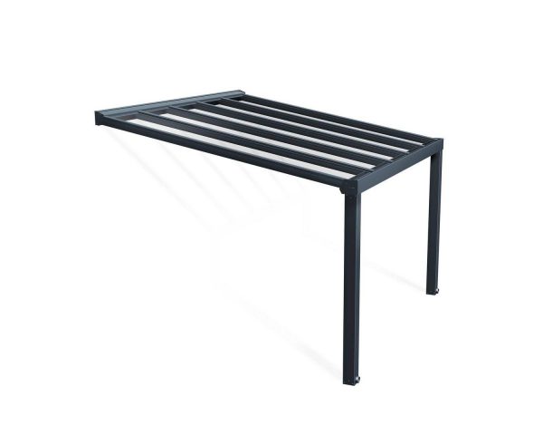 Grey Stockholm patio cover, 3.4m x 3.7m, with an aluminum frame and clear polycarbonate panels, offering reliable weather protection for outdoor spaces