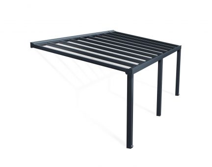 Grey Stockholm patio cover, 3.4m x 6.6m, with an aluminum frame and clear polycarbonate panels, offering shade and protection