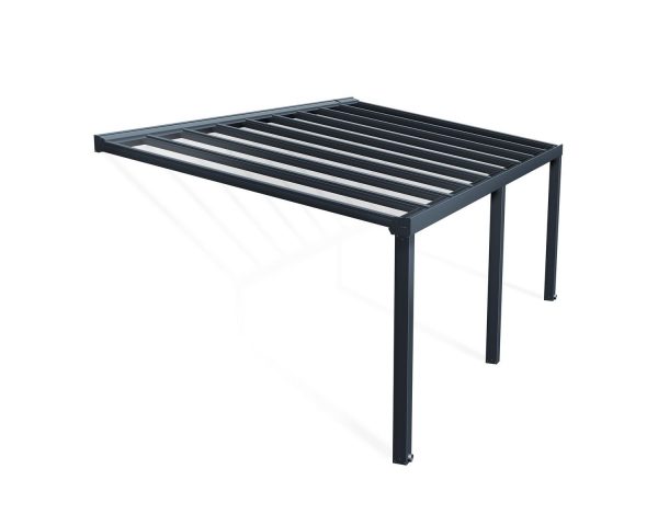 Grey Stockholm patio cover, 3.4m x 6.6m, with an aluminum frame and clear polycarbonate panels, offering shade and protection