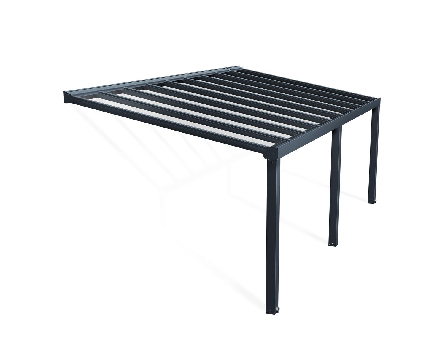 Grey Stockholm patio cover, 3.4m x 6.6m, with an aluminum frame and clear polycarbonate panels, offering shade and protection
