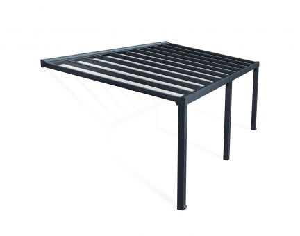 Grey Stockholm patio cover, 3.4m x 7.3m, with a strong aluminum frame and clear polycarbonate panels for outdoor shade and weather protection