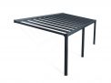 Grey Stockholm patio cover, 3.4m x 8m, with an aluminum frame and clear polycarbonate panels for durable outdoor protection