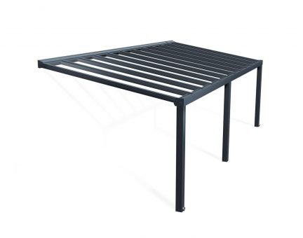 Grey Stockholm patio cover, 3.4m x 8m, with an aluminum frame and clear polycarbonate panels for durable outdoor protection